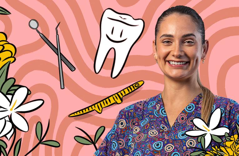 Heath student Tachae smiles against an illustrated background depicting a large tooth and dentistry tools.